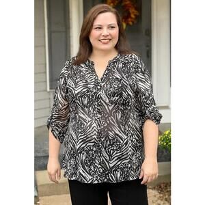 Oleg Cassini Women's Black White Animal Print Semi Sheer Roll Tab Sleeve Top, 0X